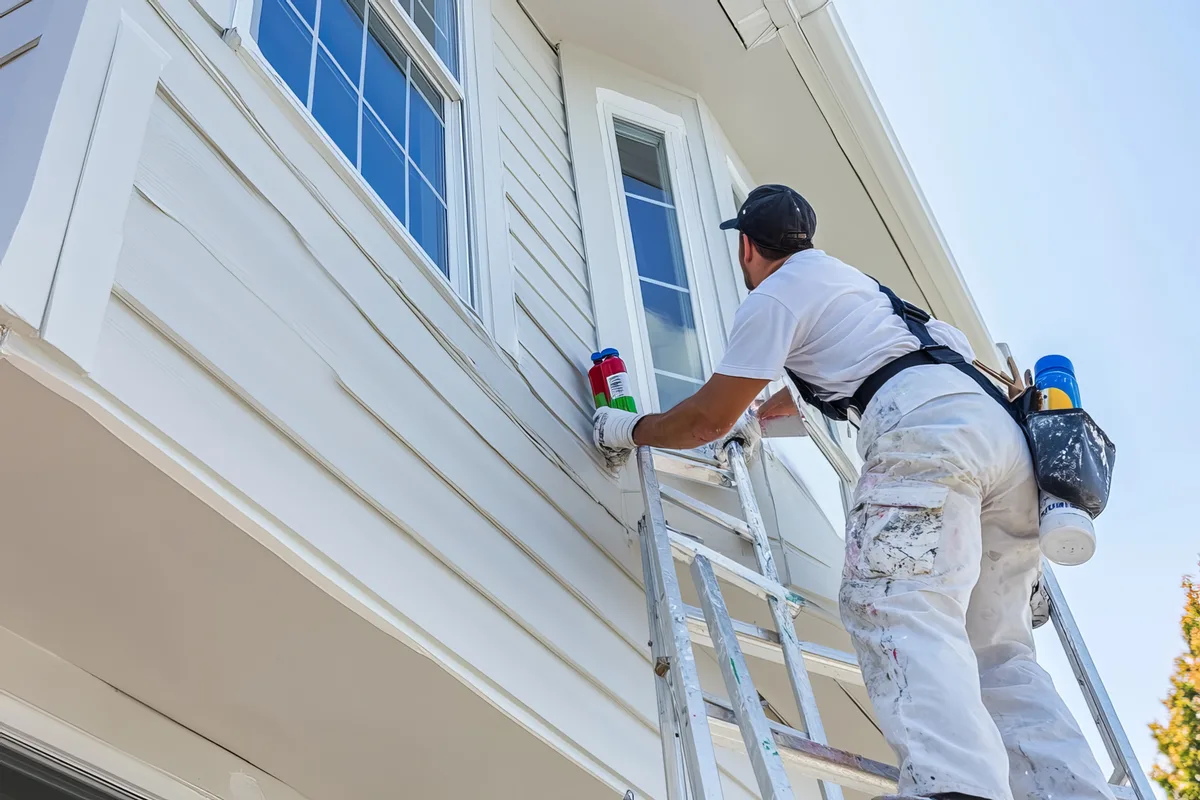 Magic Painting crew painting exterior of a two-story home on a ladder